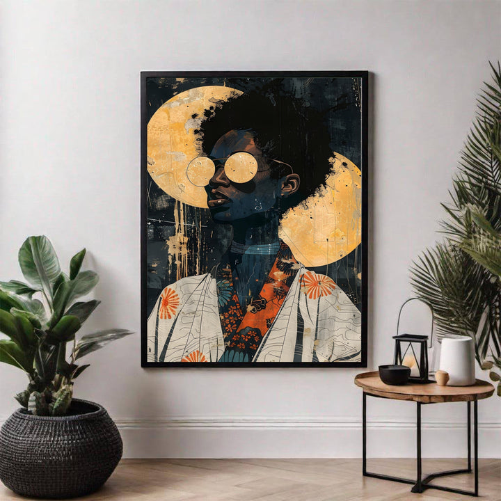 Wadi Home abstract portrait art print of a person with afro hair and round sunglasses against a textured golden moon.
