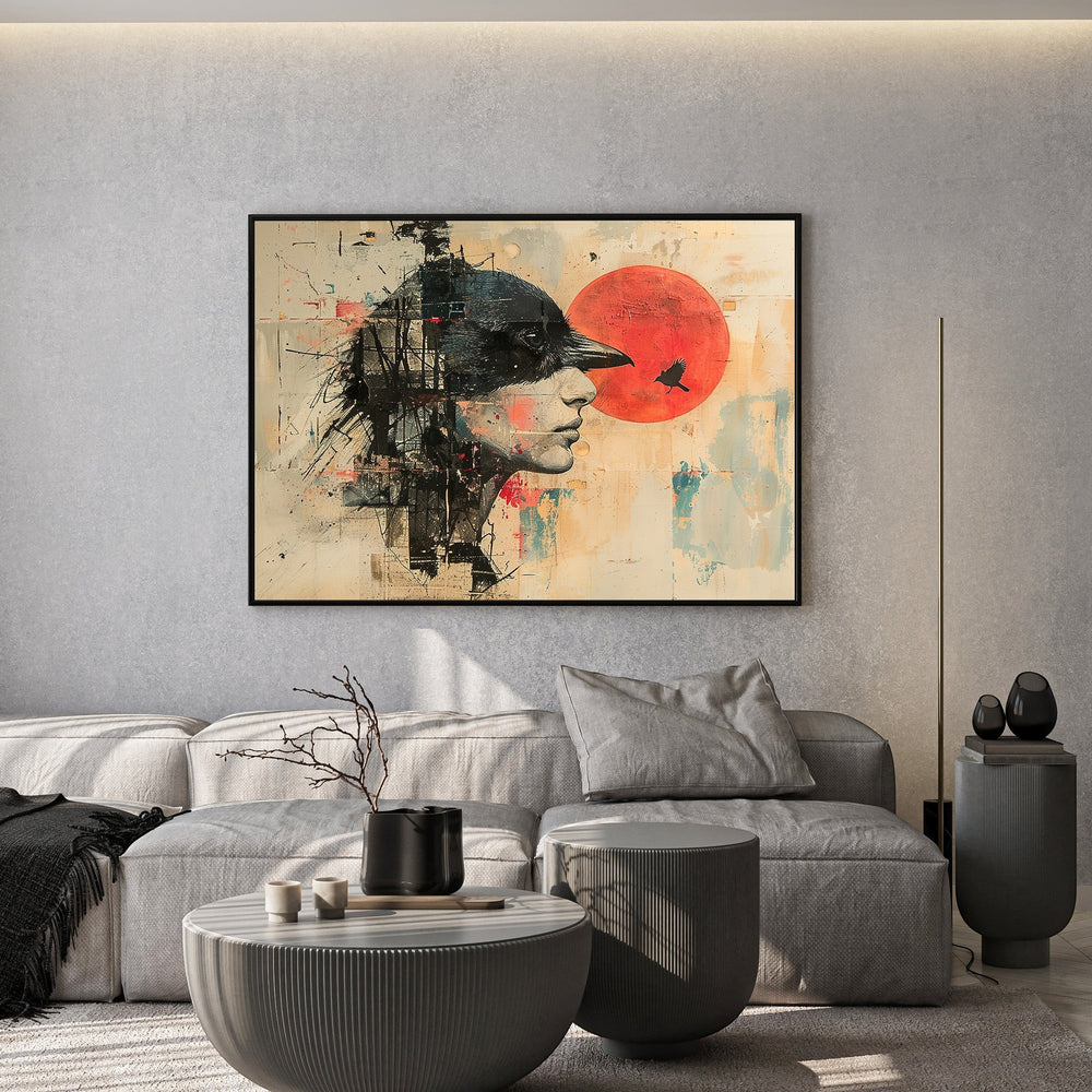 Wadi Home abstract portrait artwork with a profile and a red sun, featuring textured elements and bold lines.