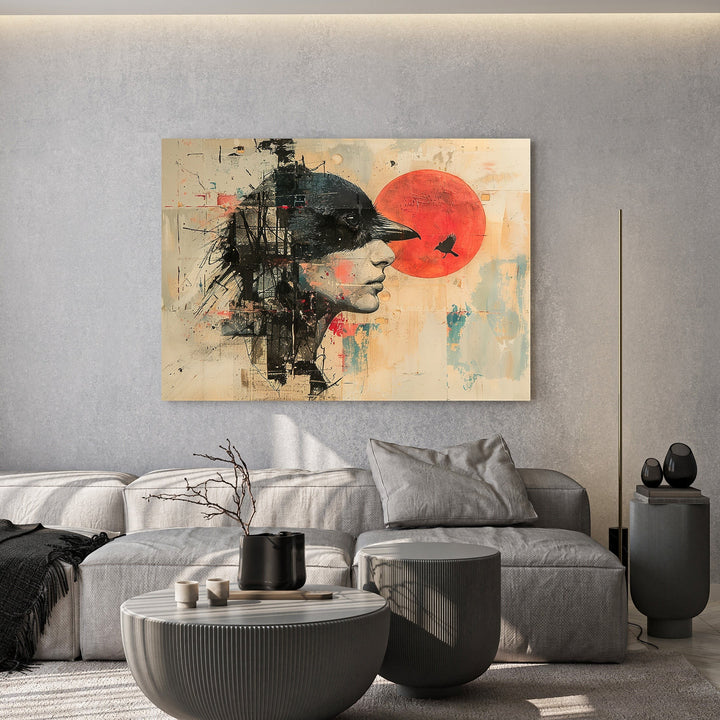Wadi Home abstract portrait artwork with a profile and a red sun. Features bold lines and textured elements.