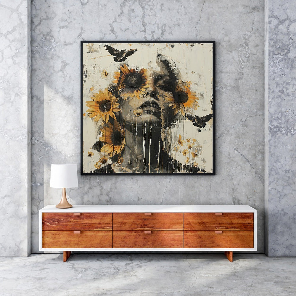 Wadi Home abstract portrait wall art with sunflowers and birds. Monochromatic portrait with yellow sunflowers and black birds.