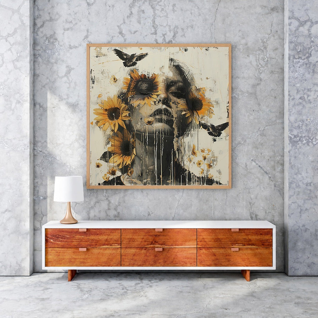 Wadi Home abstract portrait wall art with sunflowers and birds, monochromatic face with yellow flowers and black birds.