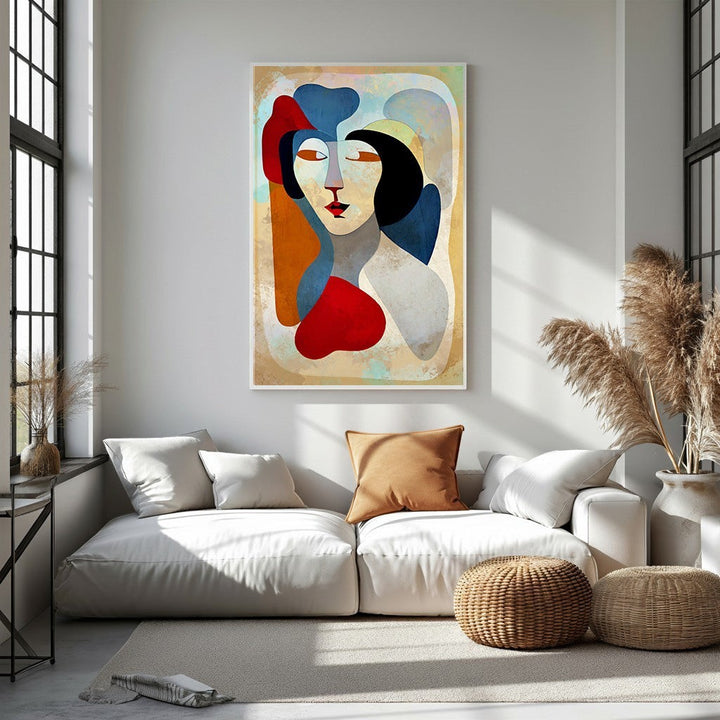 Wadi Home abstract portrait wall art with bold colors and fluid shapes, featuring a stylized face in red, blue, and orange.