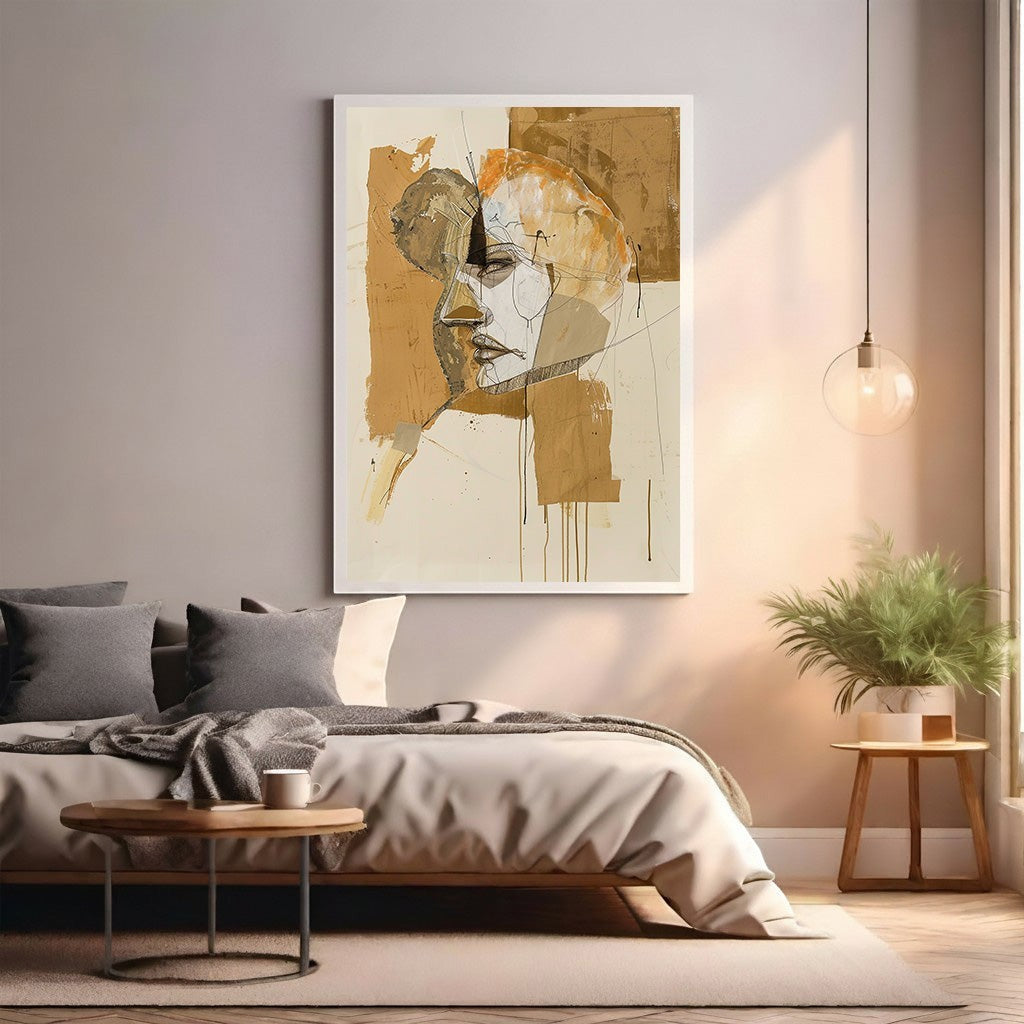 Wadi Home abstract portrait wall art in earthy tones with dynamic lines, modern sophistication, printed on high-quality material.