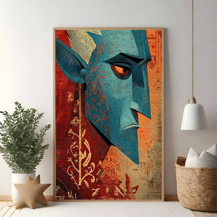 Wadi Home abstract portrait wall art featuring a blue face with red and gold accents, intricate linework, and textured background.