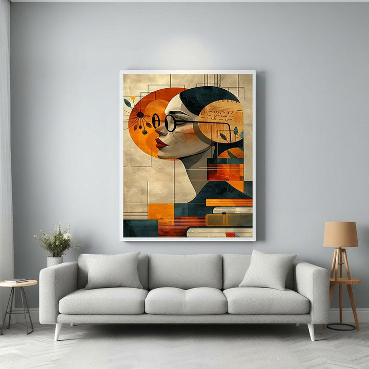 Wadi Home abstract wall art of a woman with glasses and books, featuring warm oranges, blues, and earthy tones.