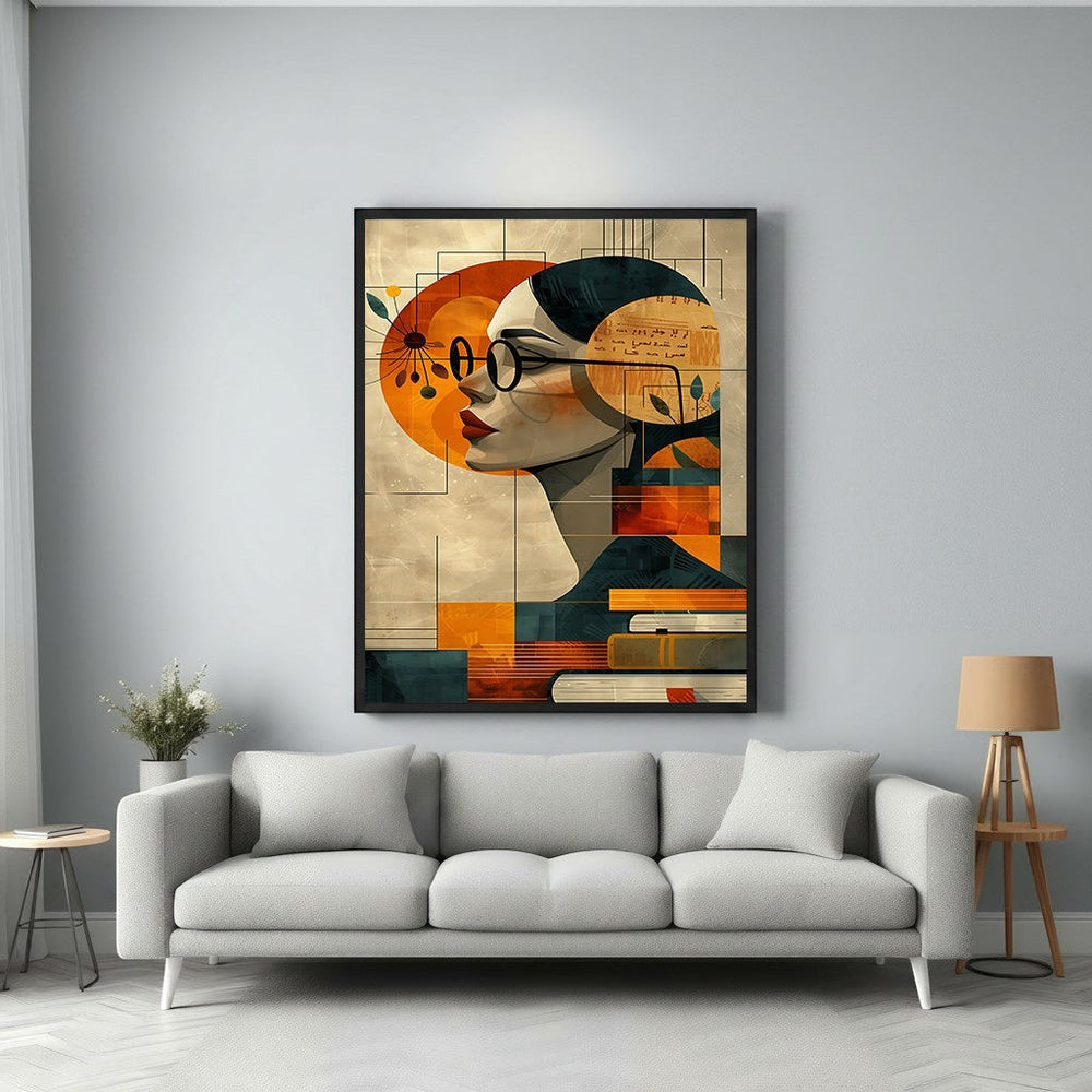 Wadi Home abstract wall art of a woman with glasses and books, featuring warm oranges, blues, and earthy tones.