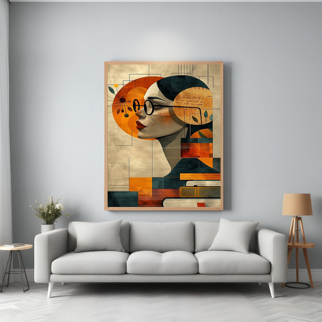 Wadi Home abstract portrait wall art of a woman with glasses and books, warm orange, blue, and earthy tones.