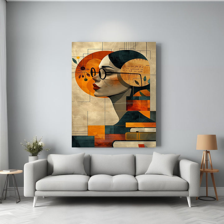Wadi Home abstract wall art of a woman with glasses and books, in warm oranges, blues, and earthy tones.