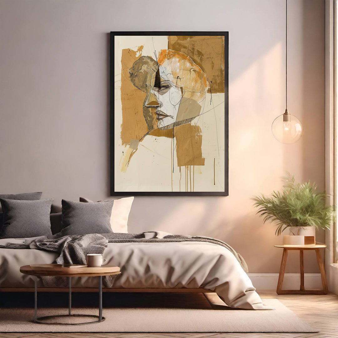 Wadi Home abstract portrait wall art in earthy tones with dynamic lines, framed in black.