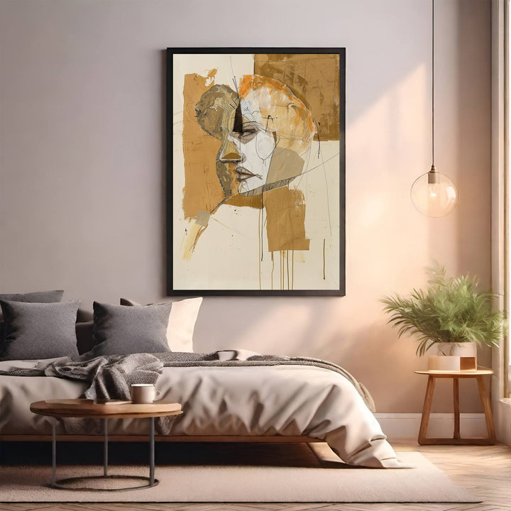 Wadi Home abstract portrait wall art in earthy tones with dynamic lines, framed in black.