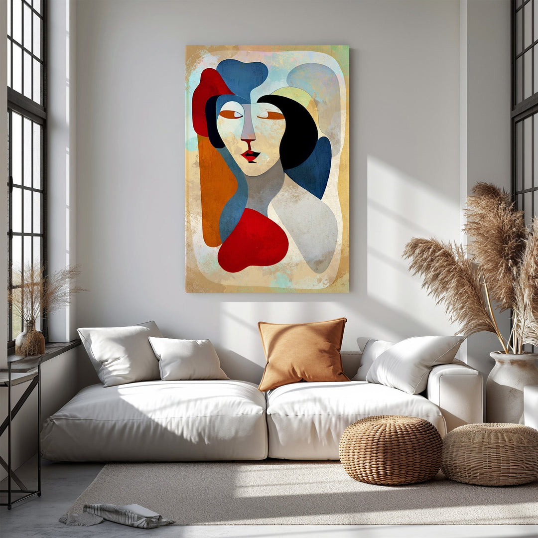 Wadi Home abstract portrait wall art featuring a face with bold red, blue, and black shapes on a textured beige background.