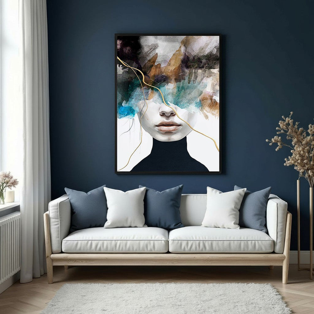 Wadi Home abstract portrait wall art featuring a woman's face with muted tones, blue, brown, and gold accents.