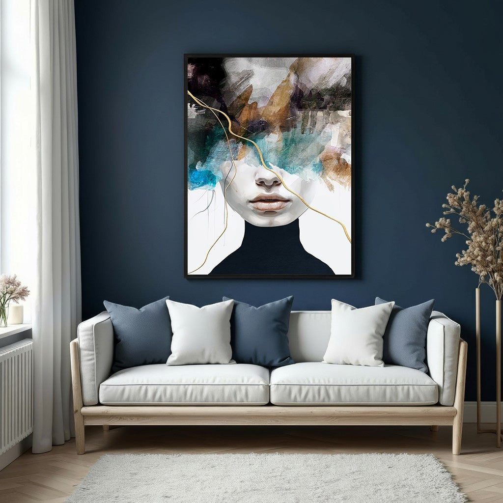 Wadi Home abstract portrait wall art featuring a woman's face with muted tones, blue, brown, and gold accents.