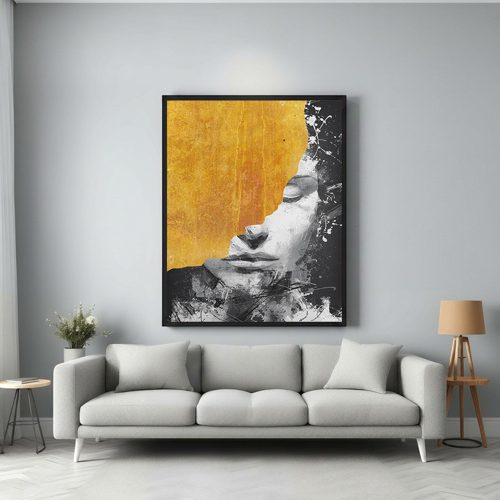 Wadi Home abstract portrait wall art in monochrome with a textured golden hue, featuring dynamic brushstrokes.