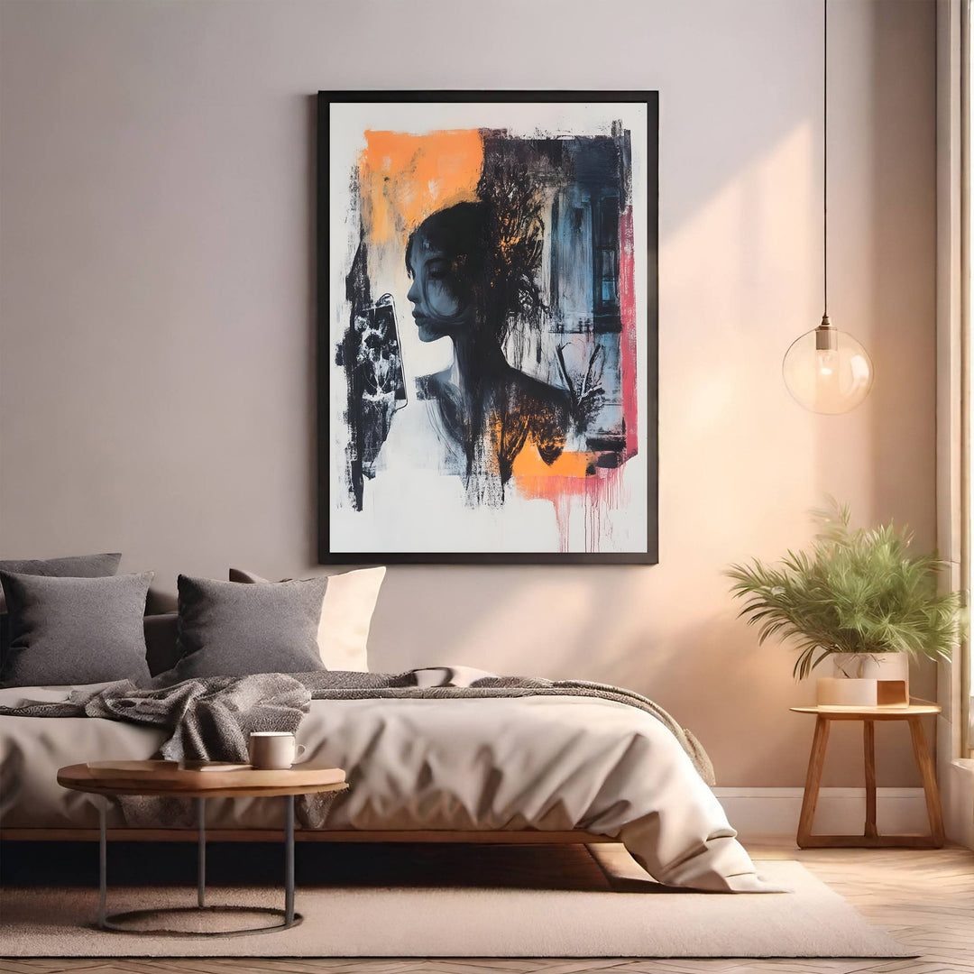 Wadi Home abstract portrait wall art with black, white, and orange hues, featuring textured brushstrokes and a profile.