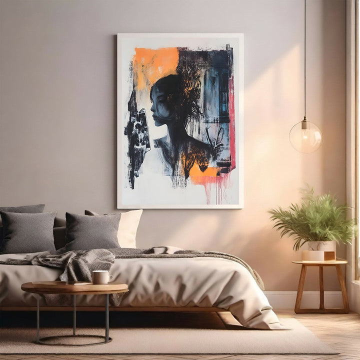 Wadi Home abstract portrait wall art in black, white, and orange with textured brushstrokes, framed.