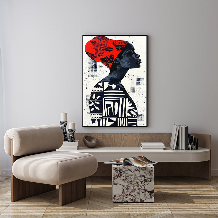 Wadi Home abstract portrait wall art featuring a woman in profile with a red headwrap and graphic patterns on her torso.