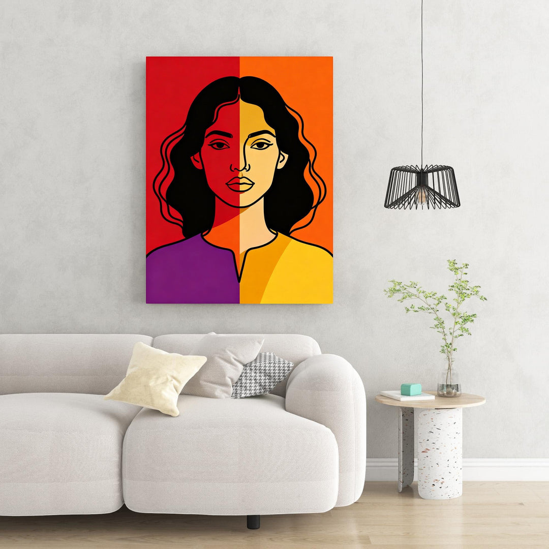 Wadi Home modern abstract portrait wall art featuring a woman in bold red, orange, yellow, and purple color blocks with black outline.