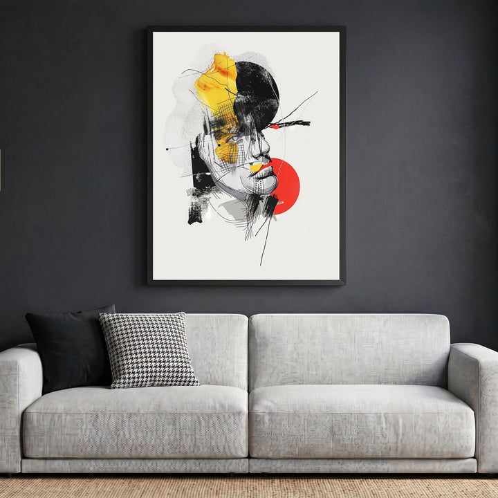 Wadi Home abstract portrait wall art print with charcoal lines and yellow and red accents in a modern living room