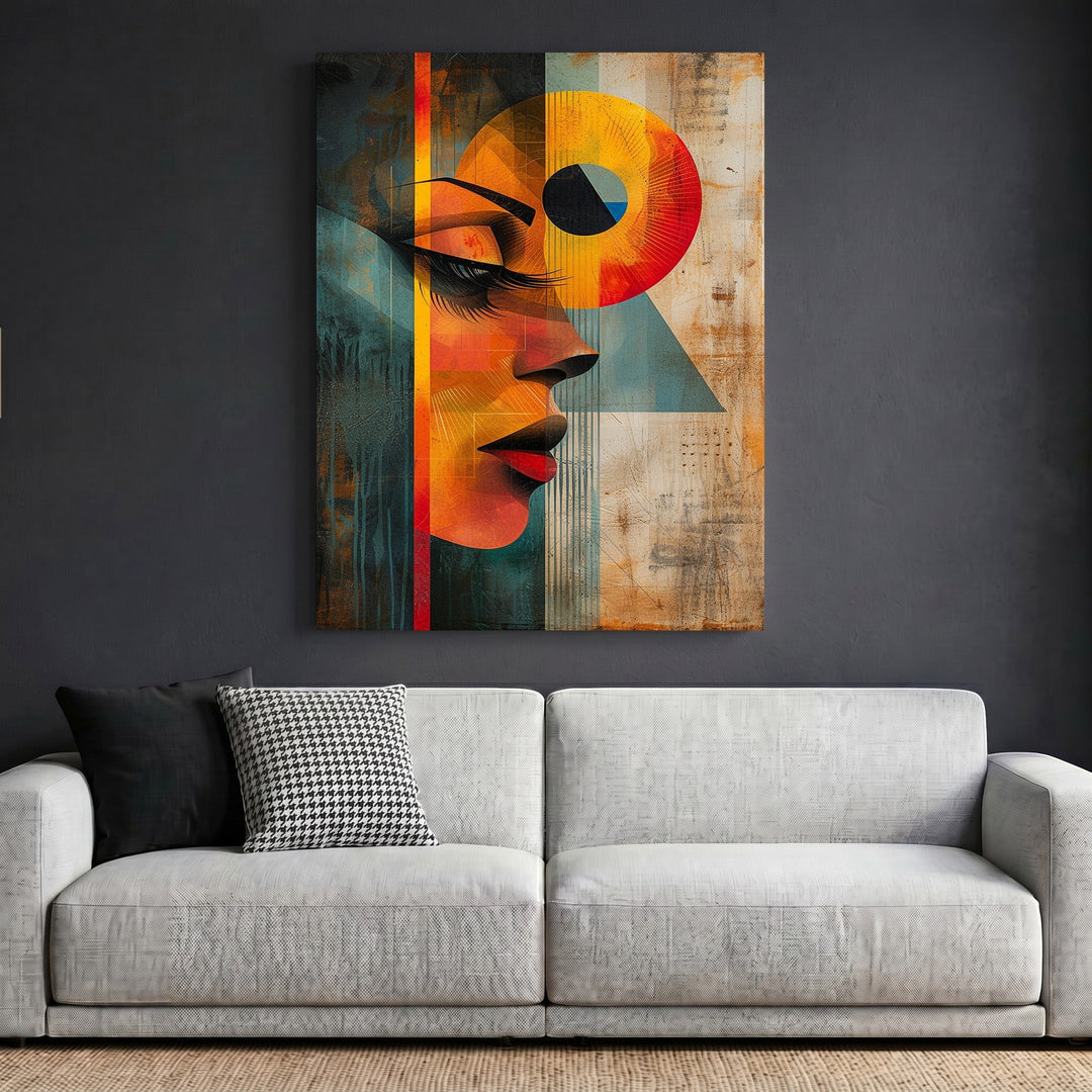 Wadi Home abstract portrait wall art featuring geometric shapes and vibrant teal and orange tones in a modern living room