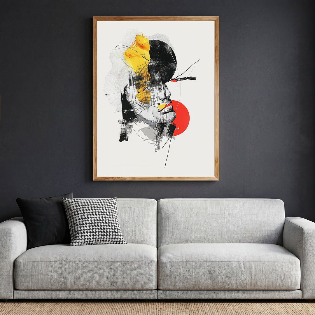 Wadi Home abstract portrait wall art print with charcoal sketches and yellow and red accents in a wooden frame.