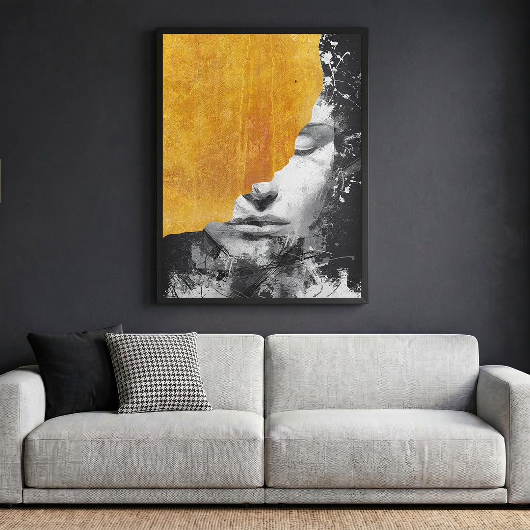Wadi Home abstract portrait wall art print featuring a charcoal profile with gold leaf accents in a black frame.