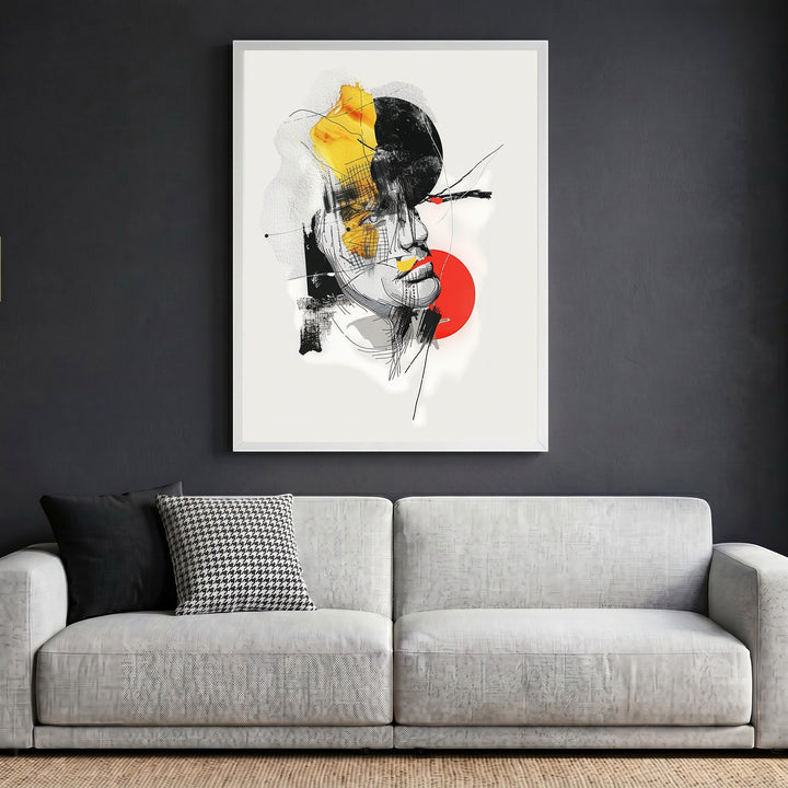Wadi Home abstract portrait wall art print with charcoal sketches and yellow and red accents in a modern living room