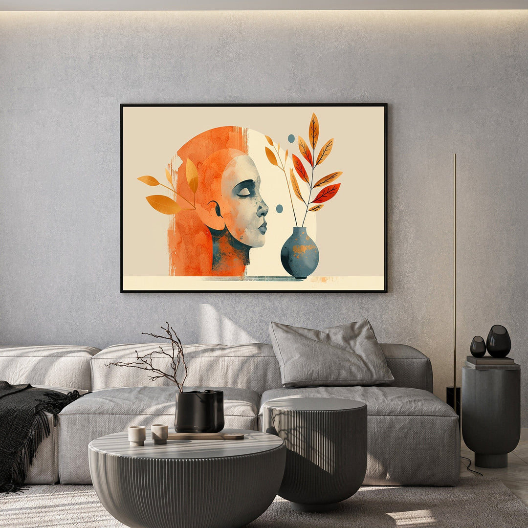 Wadi Home abstract portrait wall art print featuring a profile silhouette, botanical elements, and vase in earthy tones.