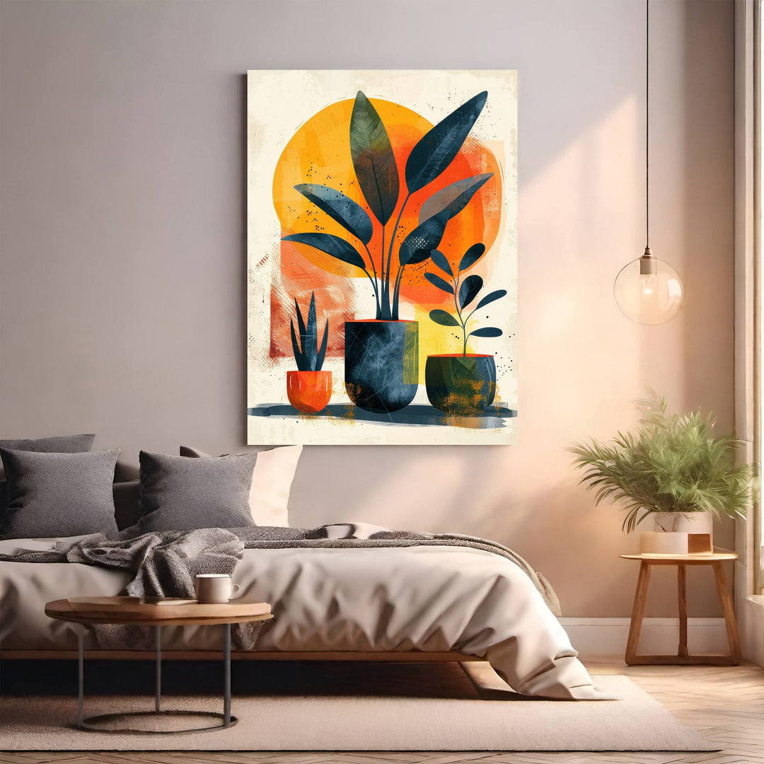 Wadi Home abstract potted plant wall art with orange, blue, and green tones. Features stylized plants in pots against a sun.