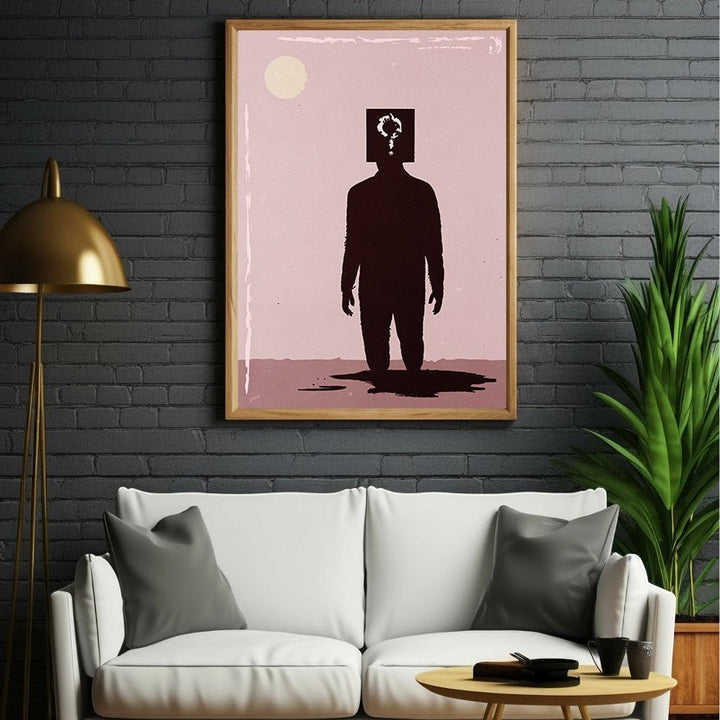 Wadi Home abstract wall art print of a dark silhouette figure with a question mark head, standing in water, muted pink background with a sun.