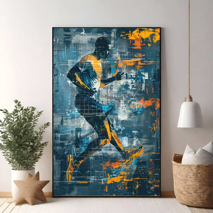 Wadi Home abstract canvas art of a runner in motion, featuring blues, oranges, and yellows.