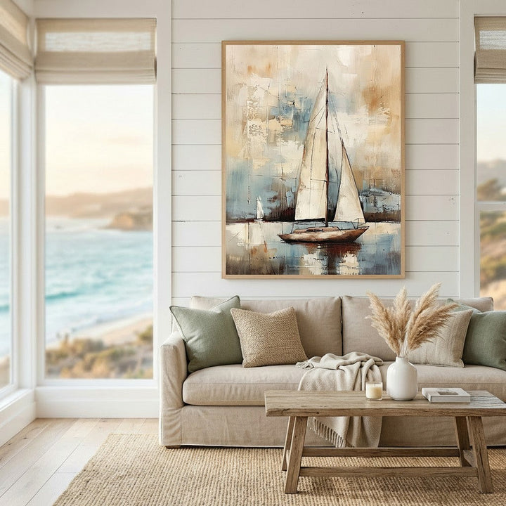 Wadi Home abstract sailboat canvas print in neutral tones hanging above a beige sofa in a coastal living room.