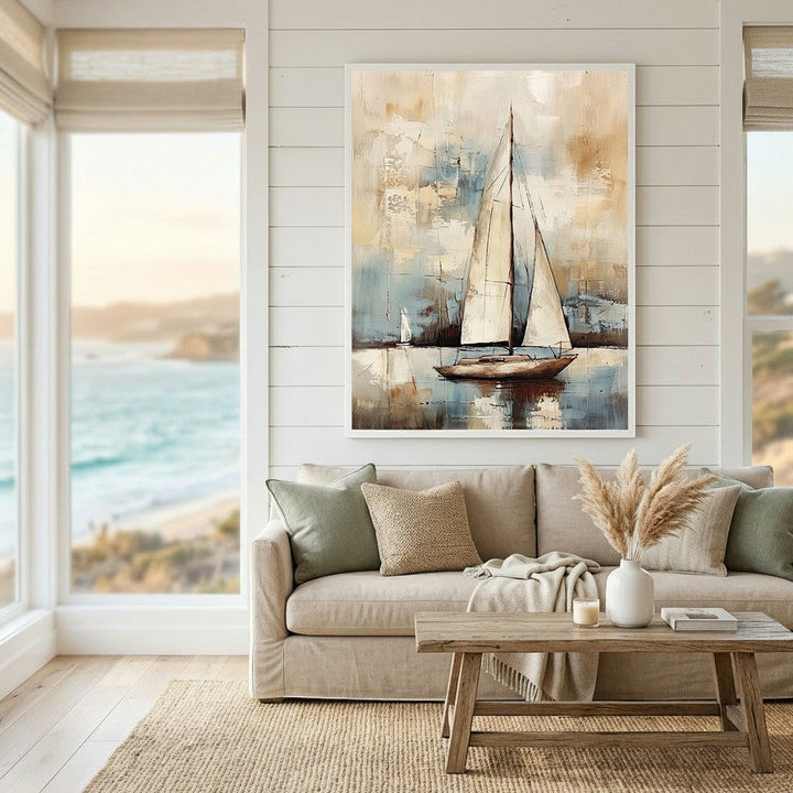 Wadi Home abstract sailboat canvas wall art in beige and blue tones displayed above a neutral living room sofa