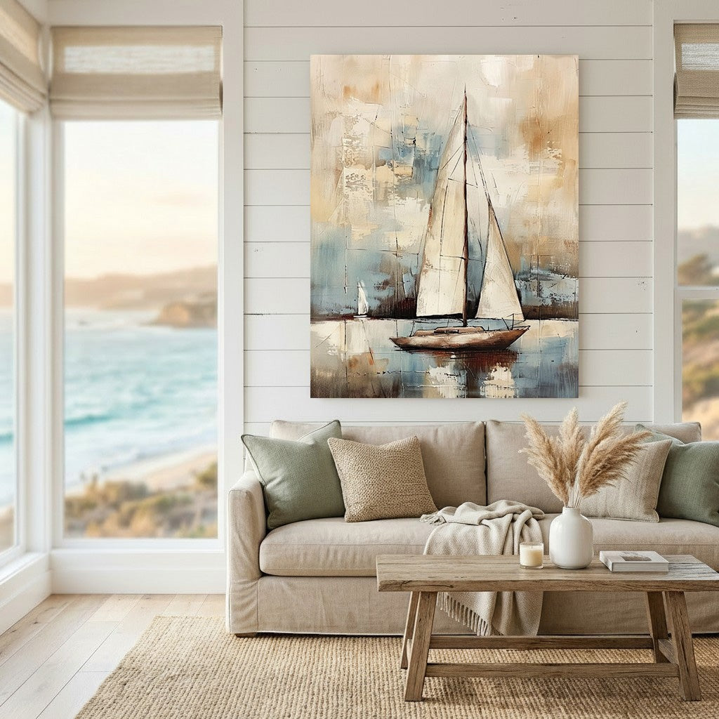 Wadi Home abstract sailboat canvas print with neutral beige and blue tones hanging above a modern coastal living room sofa
