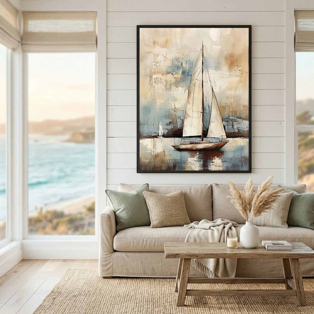 Wadi Home abstract sailboat canvas wall art in beige and blue tones hanging above a neutral living room sofa.