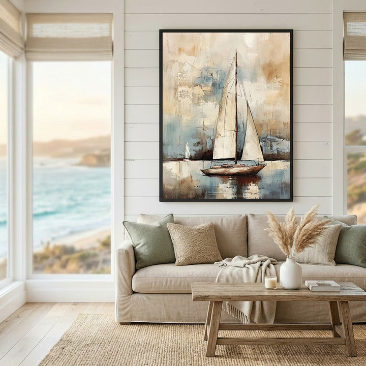 Wadi Home abstract sailboat canvas wall art in beige and blue tones hanging above a neutral living room sofa.