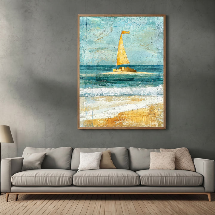 Wadi Home abstract sailboat coastal wall art print with blue and golden yellow tones hanging above a modern grey sofa.