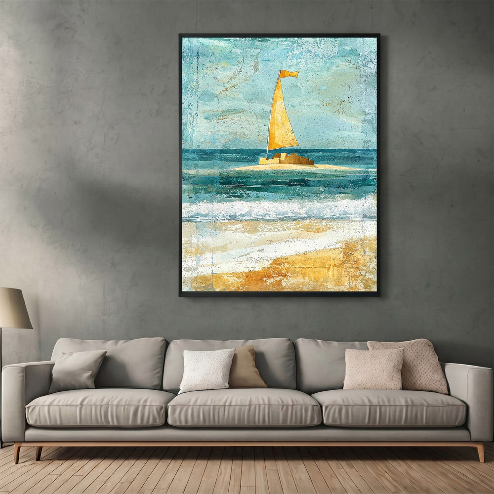 Wadi Home abstract sailboat wall art print with blue and yellow tones displayed in a modern living room setting.