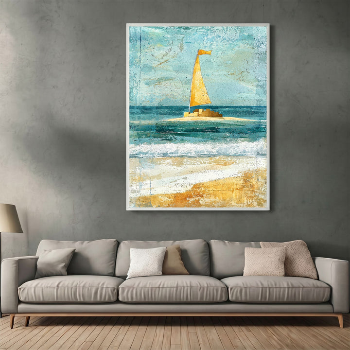 Wadi Home abstract sailboat coastal wall art print with blue, teal, and golden yellow tones hanging above a grey sofa.