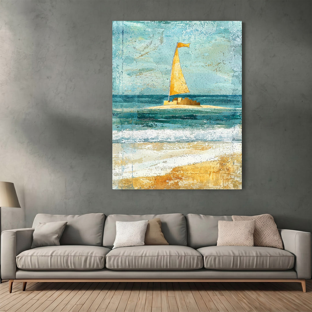 Wadi Home abstract sailboat wall art print with blue, teal, and golden yellow tones hanging above a modern sofa.
