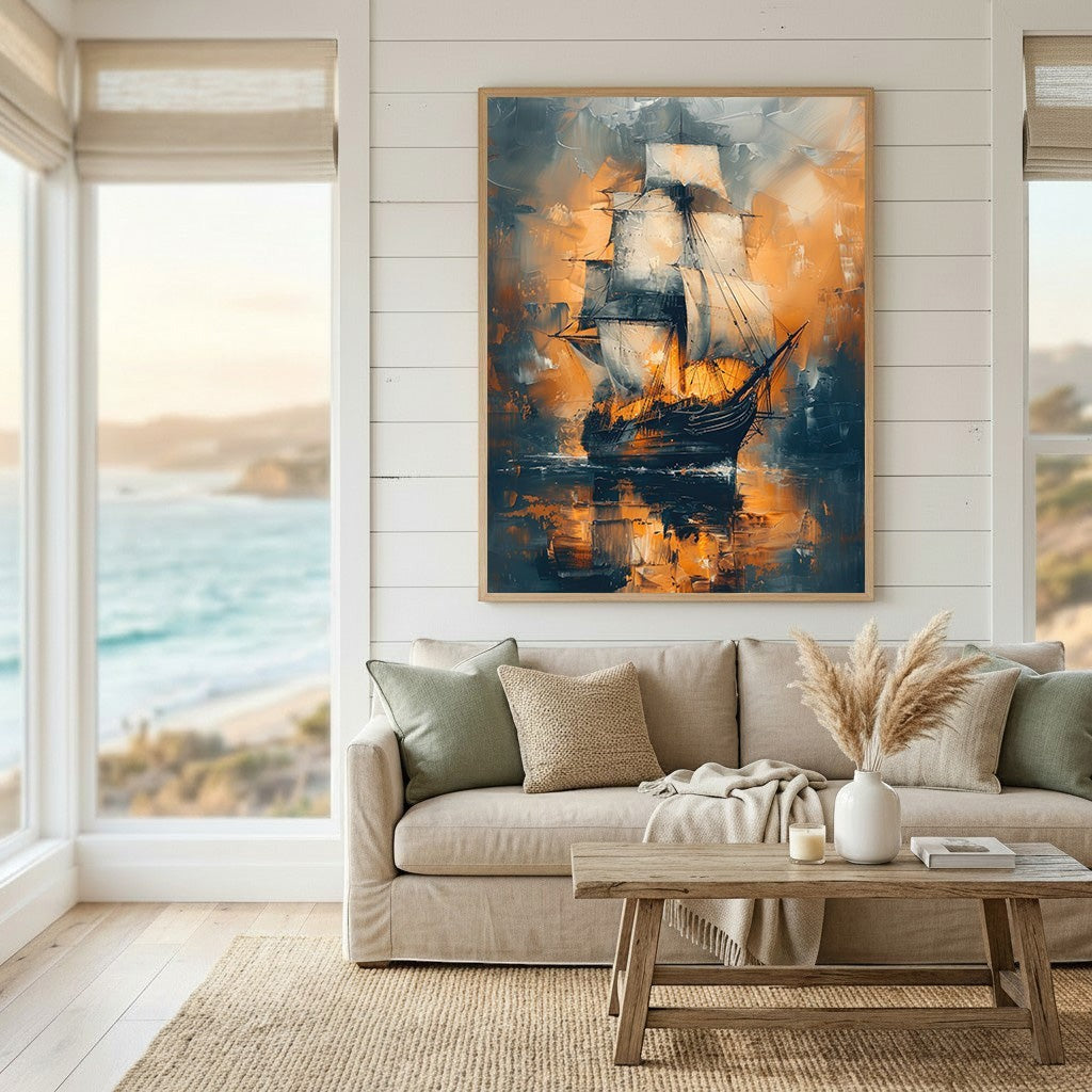 Wadi Home abstract sailing ship wall art in a framed print with navy and amber sunset tones hanging above a sofa.