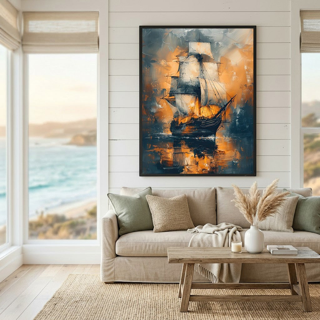 Wadi Home abstract sailing ship wall art with navy and sunset orange tones in a modern living room setting.