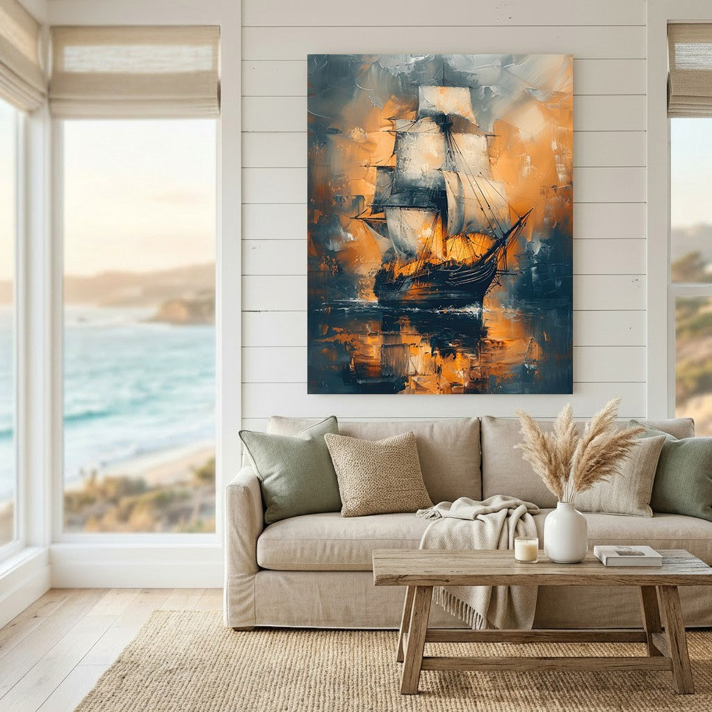 Wadi Home abstract sailing ship framed wall art with navy and amber sunset tones hanging above a neutral living room sofa.