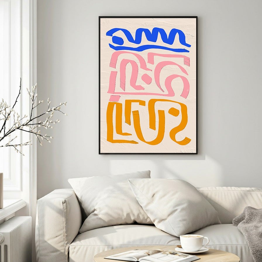 Wadi Home abstract wall art with blue, pink, and orange organic shapes on a textured cream background.