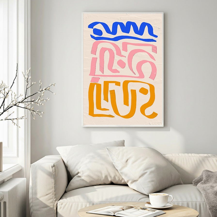 Wadi Home abstract wall art with blue, pink, and orange organic shapes on a textured cream background. Modern, vibrant, and artistic.