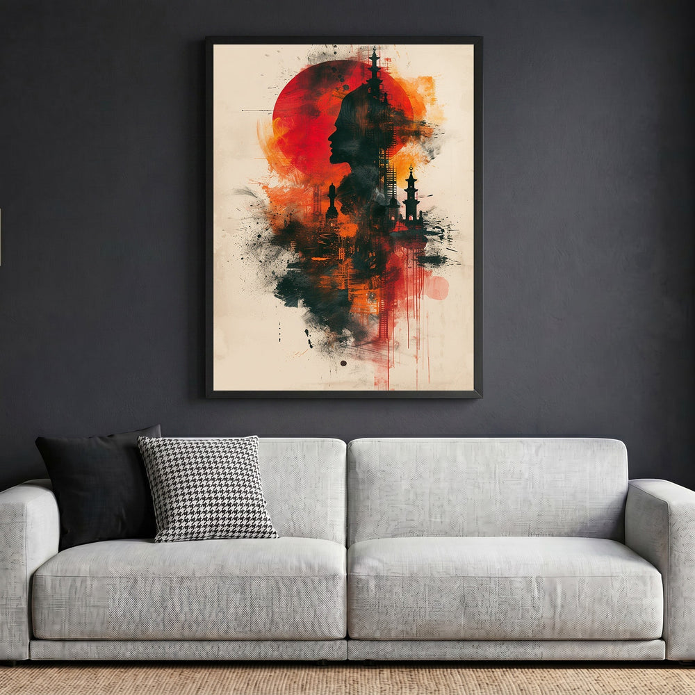 Wadi Home abstract silhouette framed wall art featuring a crimson sun and temple motifs on a neutral textured background.