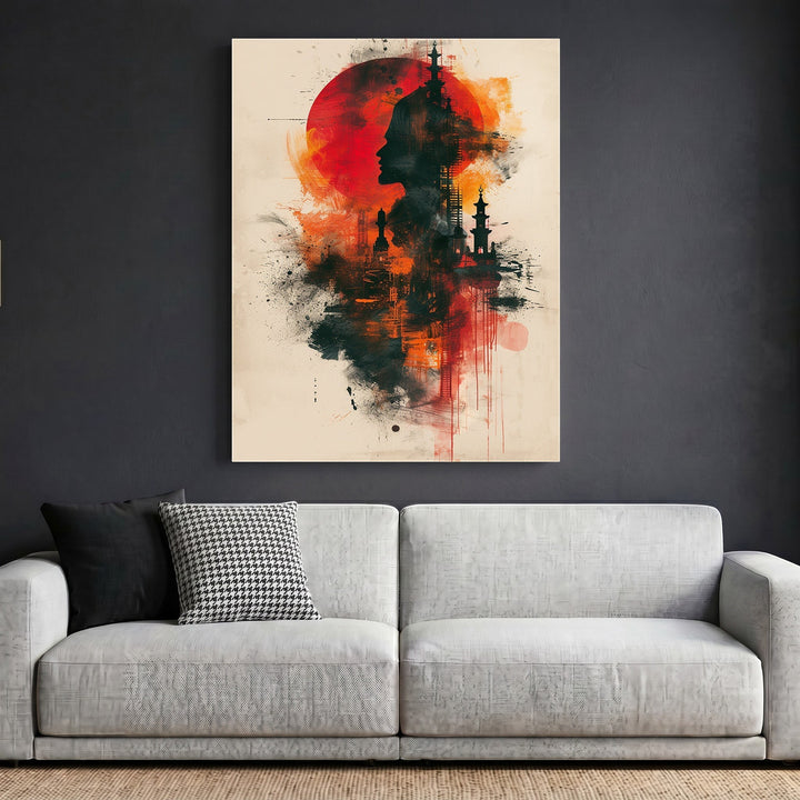 Wadi Home abstract silhouette framed wall art featuring a crimson sun and dark architectural details on a neutral background