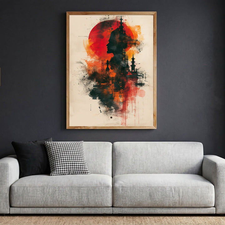 Wadi Home abstract silhouette framed wall art featuring a crimson sun and temple motifs on a neutral textured background.