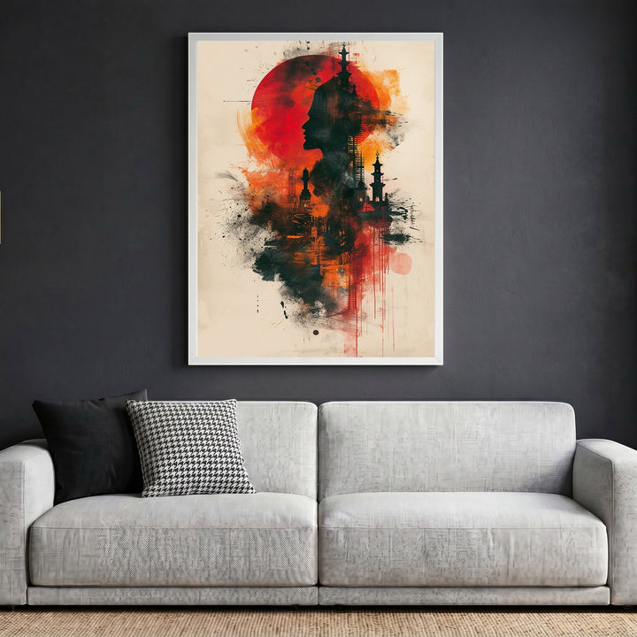 Wadi Home abstract silhouette framed wall art print featuring a crimson sun and cultural motifs on a neutral background.