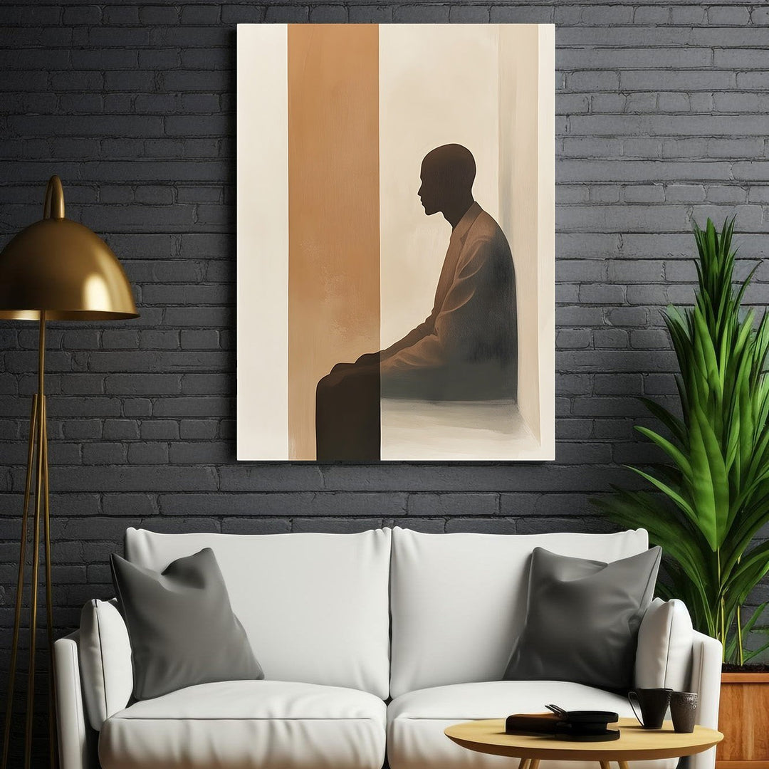 Wadi Home abstract wall art: silhouette of a person in profile against a neutral, striped background.